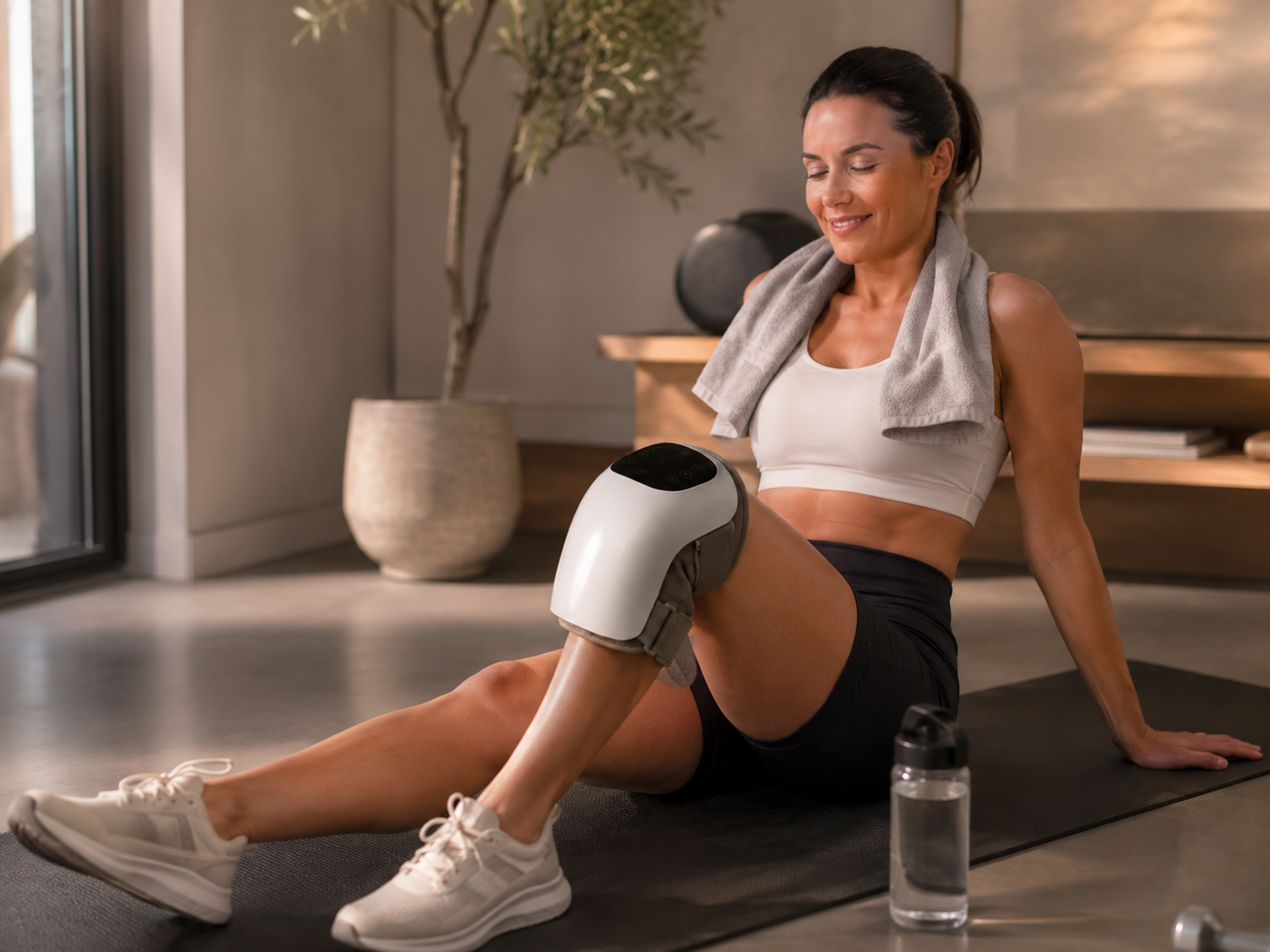 Woman using the FlexiKnee knee massager after exercise in a bright fitness-inspired room