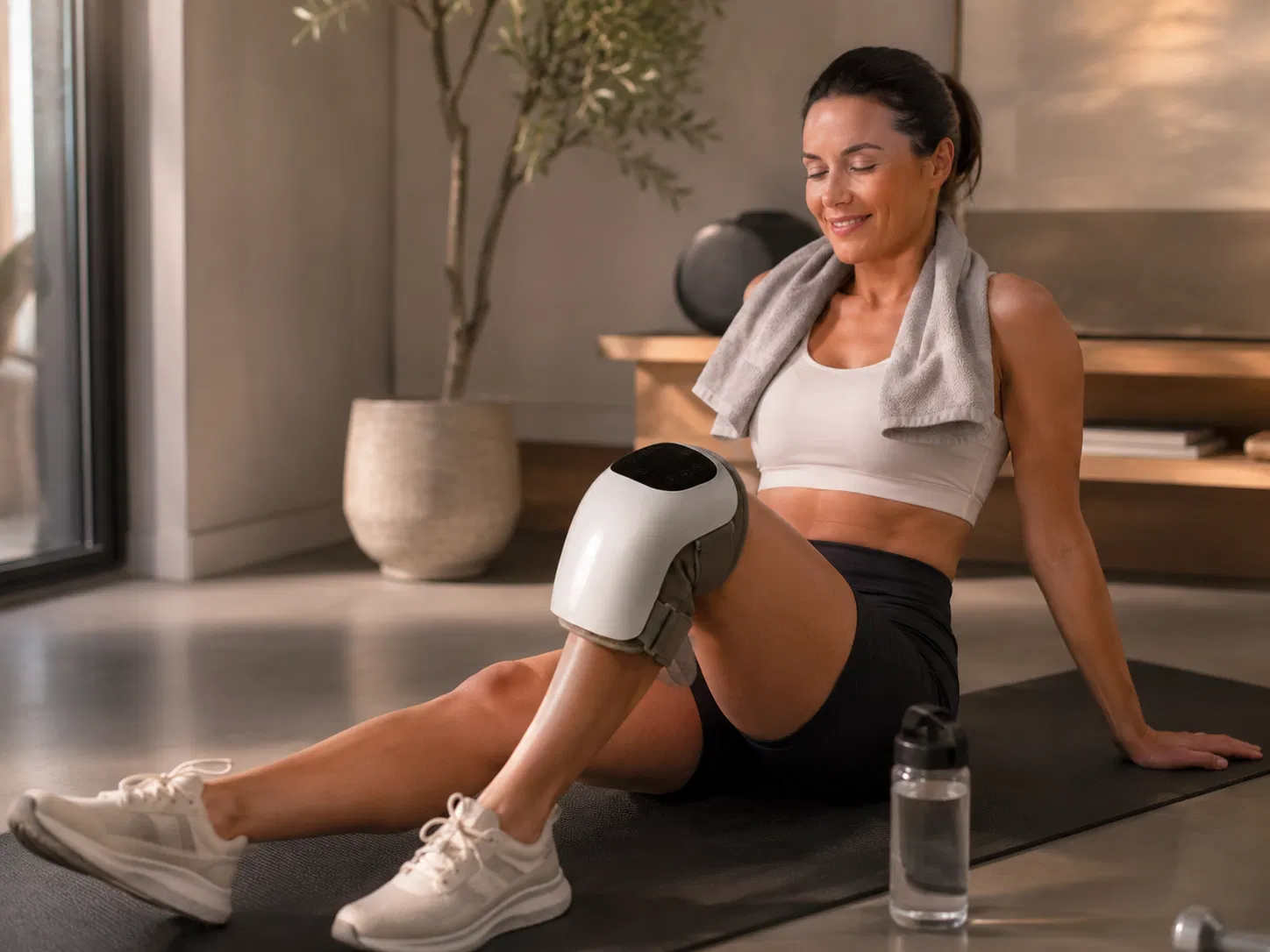 Woman using the FlexiKnee knee massager after exercise in a bright fitness-inspired room