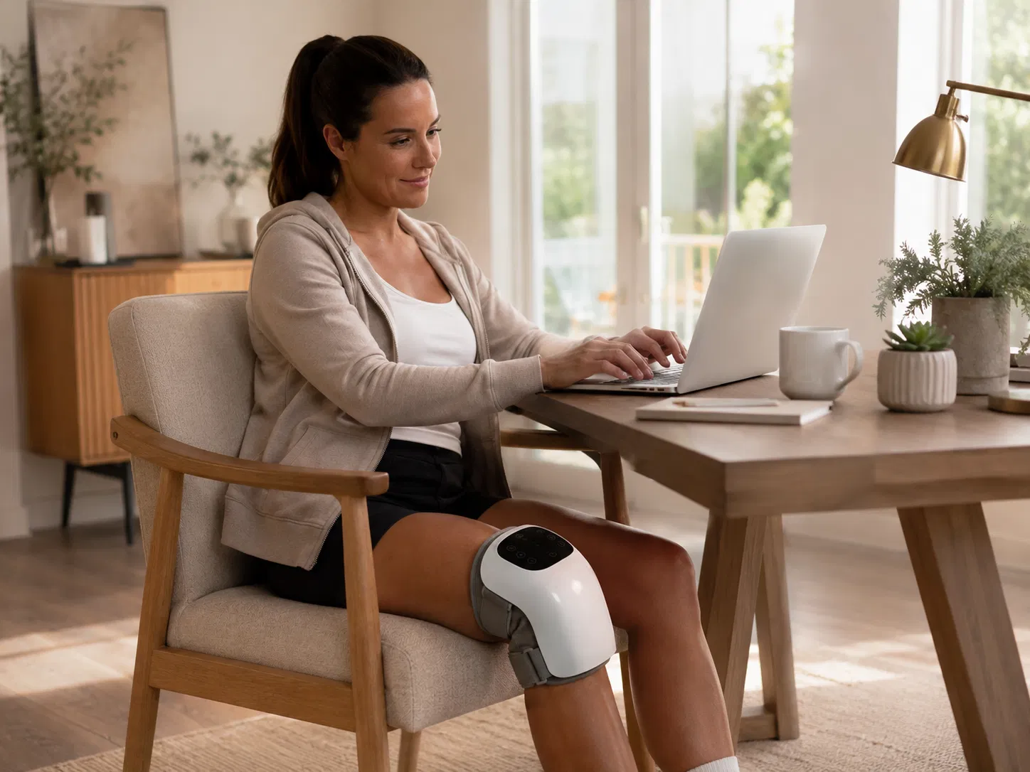 Woman working at a laptop while wearing the FlexiKnee knee massager